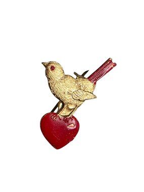 Vintage Birds Love Heart Hand-Painted Dangle Red Gold Brooch